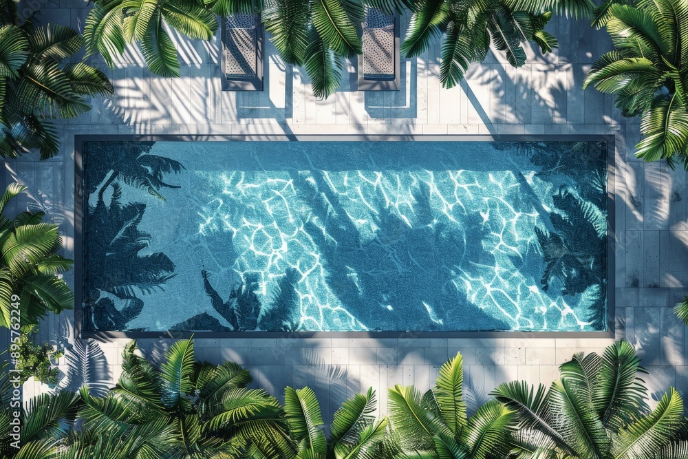 Poster an elegant rectangular swimming pool with sparkling blue water, surrounded by lush green palm trees,