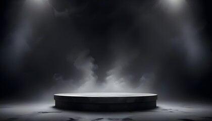 Podium black dark smoke background product platform abstract stage texture fog spotlight. Dark black floor podium dramatic empty night room table concrete wall scene place display studio smoky dust
