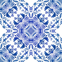 Vintage damask indigo tiles seamless ornamental watercolor arabesque paint design. Luxury decorative ceramic art