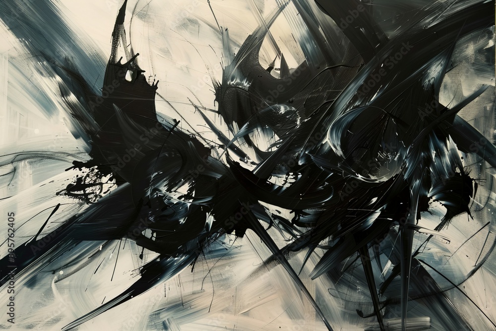 Leinwandbilder This captivating painting features dynamic black brushstrokes and splashes on a white canvas, creating a powerful abstract composition filled with motion and intensity.