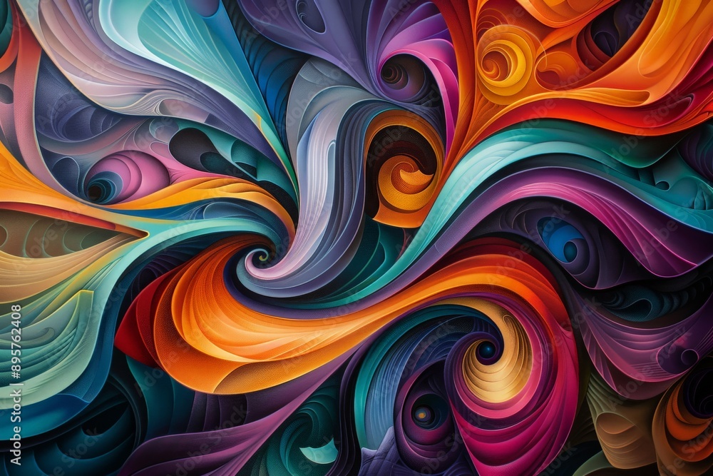 Poster a visually striking abstract image showcasing a swirl of vibrant colors, shapes, and patterns, repre