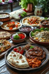 Obraz premium Wooden table showcasing a delicious spread of traditional middle eastern cuisine, featuring grilled meat, fresh vegetables, dips, and fluffy pita bread.