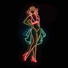 Glowing multi-colored neon sign in the form of a young sexy woman in a revealing outfit. Bright neon sign of a girl on a black background