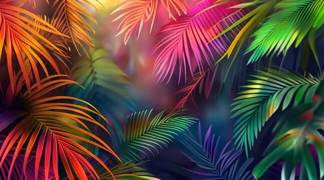 Trendy Balinese-style summer background, colorful leaves, artistic video wallpapers with palm leaves. Summer colors, botanical tropical leaves, sunlight and shadows.