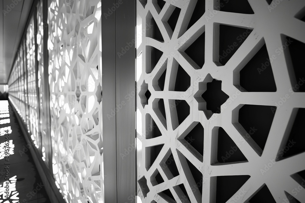 Poster image of walls with intricate geometric patterns casting shadows, showcasing a detailed design inspi