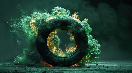 3d rendering of a burning tire in green color