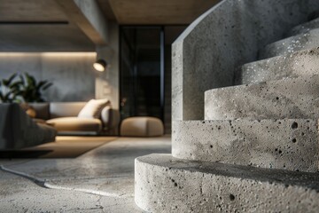 A cozy living area featuring a concrete spiral staircase in the foreground, with comfortable seating and soft lighting creating a warm and inviting atmosphere in the room.