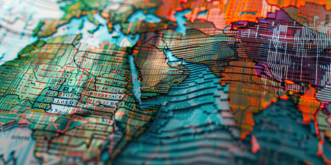 Obraz premium Financial Labyrinth: A color-coded map of stock markets, next to a stack of currency charts