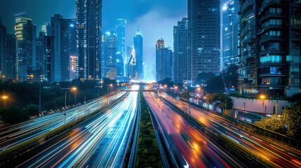 Vibrant cityscape at night with streaks of light from fast-moving traffic, highlighting the urban energy and modern architecture.