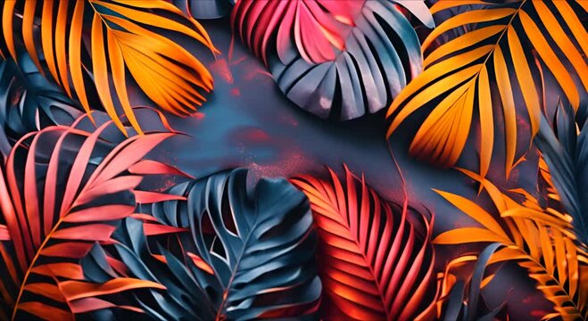 Trendy Balinese-style summer background, colorful leaves, artistic video wallpapers with palm leaves. Summer colors, botanical tropical leaves, sunlight and shadows.