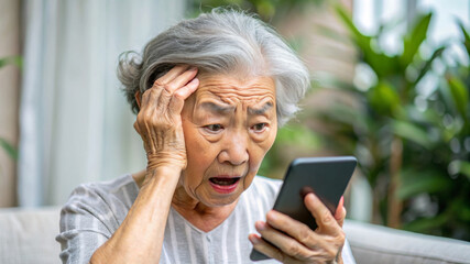 Nervous confused elderly senior asian woman stressed worried with smartphone. Frustrated lady having problem with paying, buying online and payments. Internet fraud or scams 