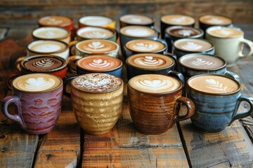 A variety of coffee cups with different latte art designs, beautifully arranged on a wooden table, showcasing the diversity of coffee culture.