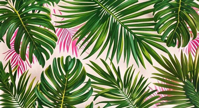 Trendy Balinese-style summer background, colorful leaves, artistic video wallpapers with palm leaves. Summer colors, botanical tropical leaves, sunlight and shadows.