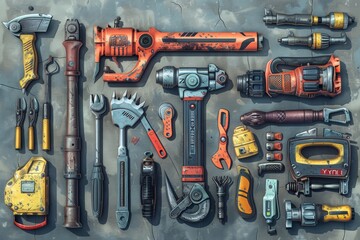 A neatly organized collection of various tools displayed on a wooden surface, showcasing their diversity and functionality.