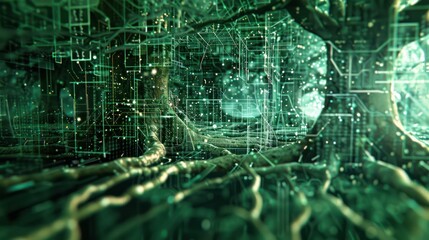 Obraz premium high-concept visualization of a budget as a complex network of digital roots, with each root channeling funds to different areas of a virtual forest