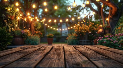 A serene garden setting with twinkling lights and vibrant plants, perfect for gatherings, events, or peaceful retreats.