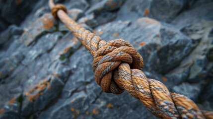 Close-up of a rusty rope knot secured to a rocky surface, highlighting texture and detail.