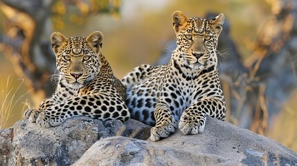 Fototapeta premium Leopards in various African national parks, including Botswana, Namibia, Zambia, Zimbabwe, and South Africa, showcasing their natural habitat and elusive beauty.