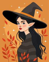 Portrait of a woman wearing in a witch hat and a black sweater. Witch, sorceress. Halloween, samhain. Elf, fairy. Autumn october leaves. Orange background.