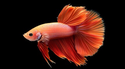 Fototapeta premium Movement of a Betta fish (Siamese fighting fish, Betta splendens) isolated on a black background, capturing its flowing fins and dynamic swimming motion.