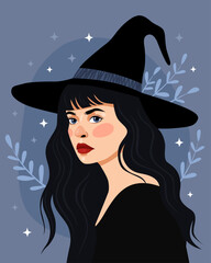 Portrait of a young woman. Witch, sorceress. The girl in a black witch's hat and a black dress. Halloween and Samhain. Blue background. Brunette with blue eyes. Magic.