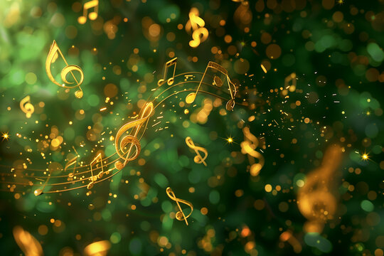 Floating golden music notes against a green xmas background, creating a magical and musical atmosphere