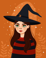 Witch, sorceress. Cute cartoon elf girl. Character for Halloween, Samhain. The girl wearing a witch's hat and a striped black and red sweater. Green eyes. Orange background.