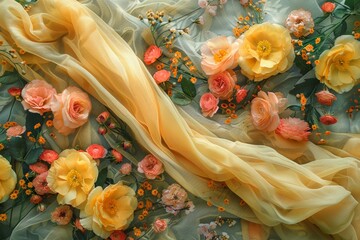 Beautiful arrangement of colorful flowers with yellow fabric draped artistically.