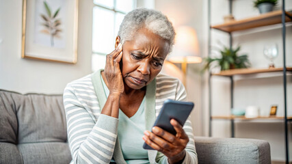 Nervous confused elderly senior afro woman stressed worried with smartphone. Frustrated black granny having problem with paying, buying online and payments. Internet fraud or scams 