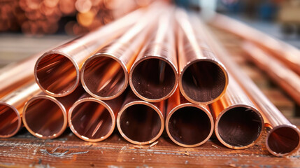 Close-up of neatly stacked copper pipes in a warehouse, ready for industrial use, highlighting material storage and preparation.