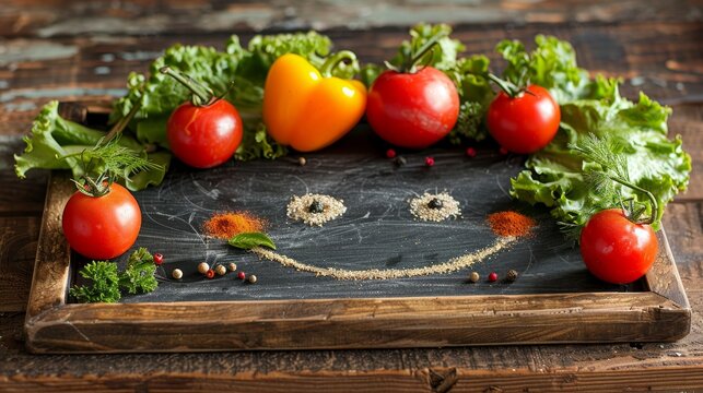 Whimsical vegetable and spice face on chalkboard, showing creative food concept with friendly smile