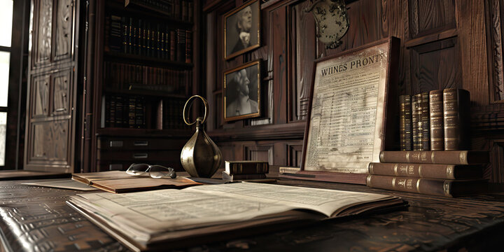 Wise Investor's Lair: A leather-bound ledger and framed stock certificates adorn the dark wood walls