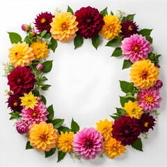 Obraz premium Dahlia flowers frame on white background. Flat lay, top view.
