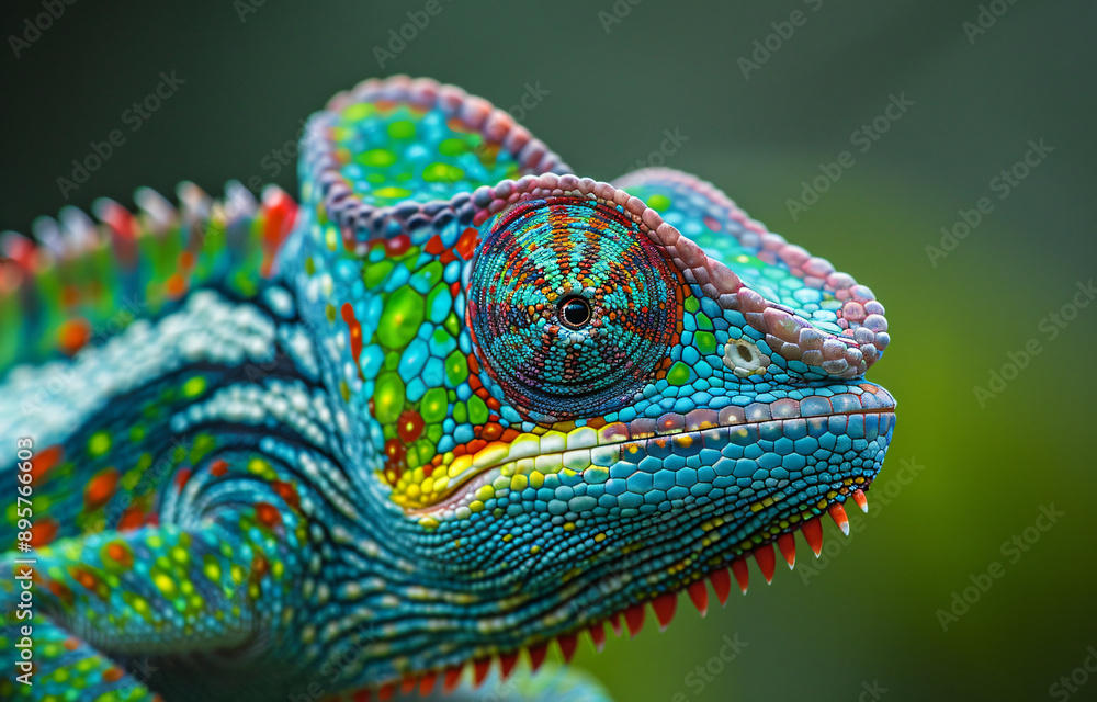Poster close-up of the colorful patterned skin texture on an yellow, blue and green chameleon with visible 