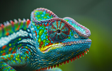 Fototapeta premium Close-up of the colorful patterned skin texture on an yellow, blue and green chameleon with visible scales. The background is plain to highlight details. High resolution.