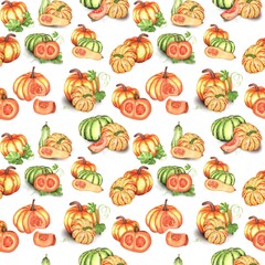 Seamless pattern with bright orange and green pumpkins, squash, butternut squash and green leaves. Fall pattern swatch. Autumn background. Hand-drawn watercolor illustrations.