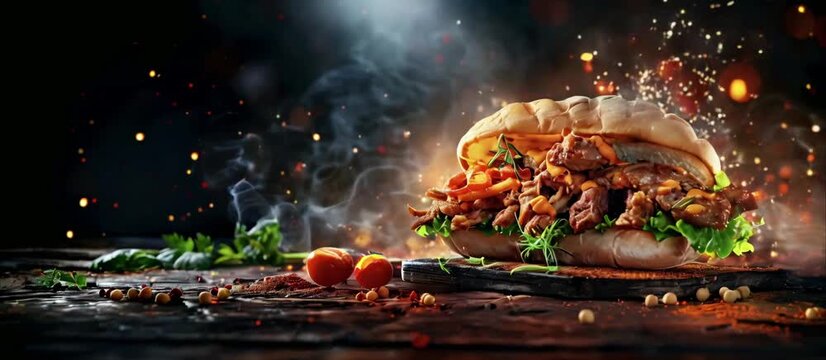 Grilled beef shawarma or chicken doner sandwich in a food banner.