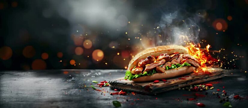 Grilled beef shawarma or chicken doner sandwich in a food banner. 