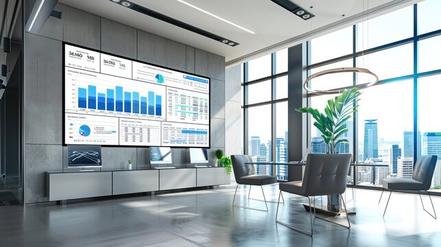high-end finance office with a large digital display wall showing real-time budget analytics, interactive and detailed for high-level decision-making