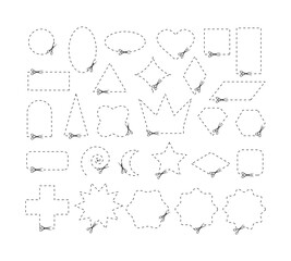 Cut here. Black scissors cutting. Set of cut dash shapes isolated on white background. Simple Vector illustration. Shear cutting paper coupon or discount along the line. Different geometric figures.