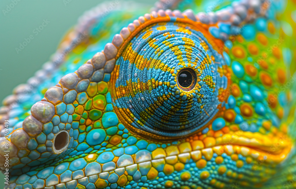 Poster close-up of the colorful patterned skin texture on an yellow, blue and green chameleon with visible 
