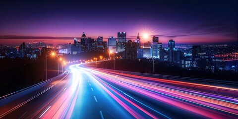 A highway cuts through a city at sunset, with long exposure light streaks from passing cars