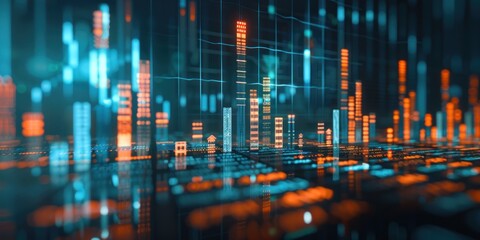 Digital towers and lines illuminate an abstract cityscape