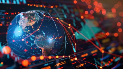 Fototapeta premium high-resolution image of a global financial strategy map, with lines connecting major financial hubs on a sleek, illuminated globe