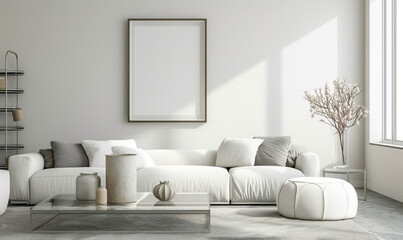 The living room interior is adorned with various elements such as a mock up poster frame, a white sofa, a modern pouf, a glass coffee table, a vase with a branch, a stylish rack, and silver personal