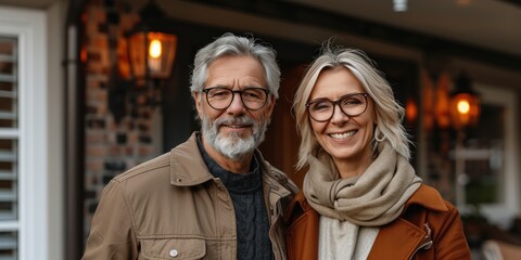 An older couple in casual wear stand outside their home, smiling at the camera
