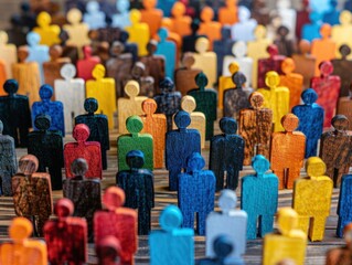 Obraz premium A close-up of a large group of colorful wooden figurines standing together