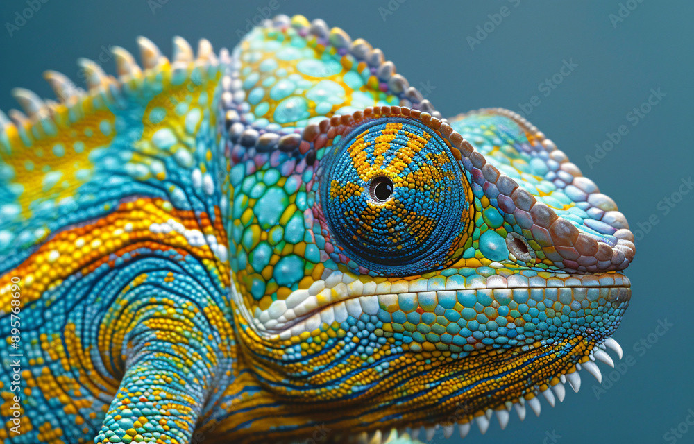 Poster close-up of the colorful patterned skin texture on an yellow, blue and green chameleon with visible 