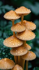 Obraz premium A group of brown mushrooms with dew drops on their caps grow in a forest