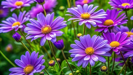 Fototapeta premium Vibrant purple flowers with delicate petals and yellow centers bloom amidst lush green foliage in a serene natural setting.